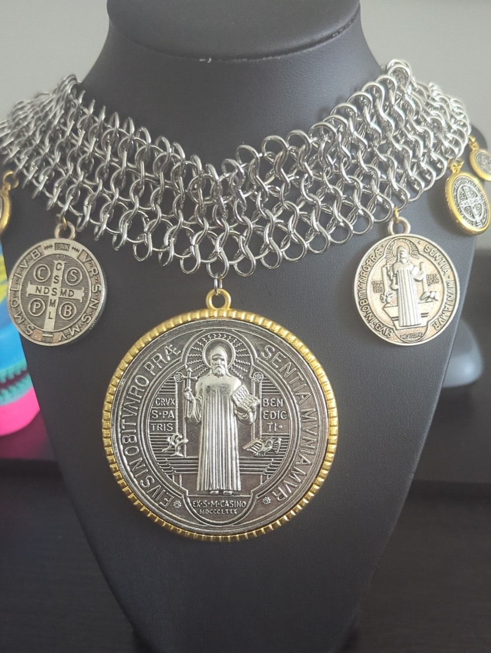 Unbranded Silver Chainmaille Necklace with Gold-Trimmed Saint Medallion